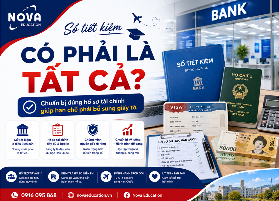 Banner về sổ tiết kiệm và hồ sơ chứng minh tài chính du học Hàn Quốc.