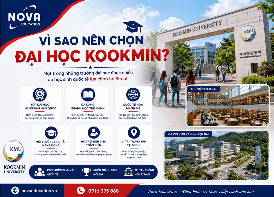 Banner giới thiệu những ưu điểm nổi bật của Đại học Kookmin.