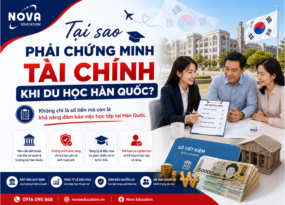 Banner giải thích mục đích chứng minh tài chính khi du học Hàn Quốc dành cho học sinh và phụ huynh.