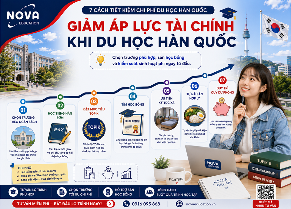 Banner hướng dẫn tiết kiệm chi phí du học Hàn Quốc thông qua chọn trường, học bổng, ký túc xá và quản lý chi tiêu.