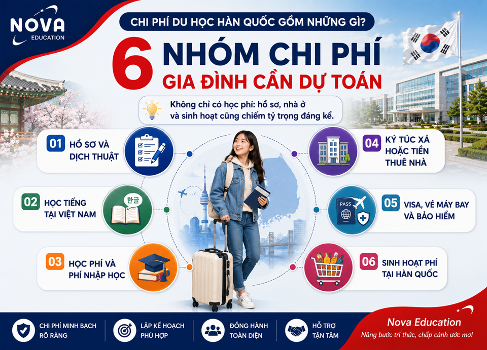 Banner cơ cấu chi phí du học Hàn Quốc gồm hồ sơ, học phí, ký túc xá, visa, vé máy bay và sinh hoạt phí.