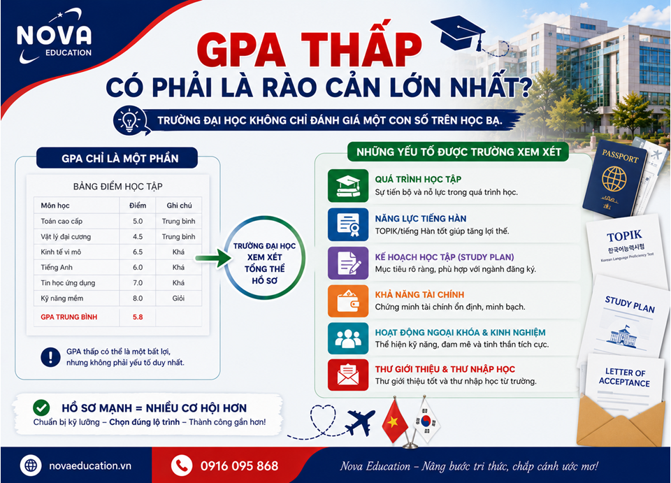 Banner phân tích ảnh hưởng của điểm GPA thấp đối với hồ sơ du học Hàn Quốc và các yếu tố được trường xem xét.