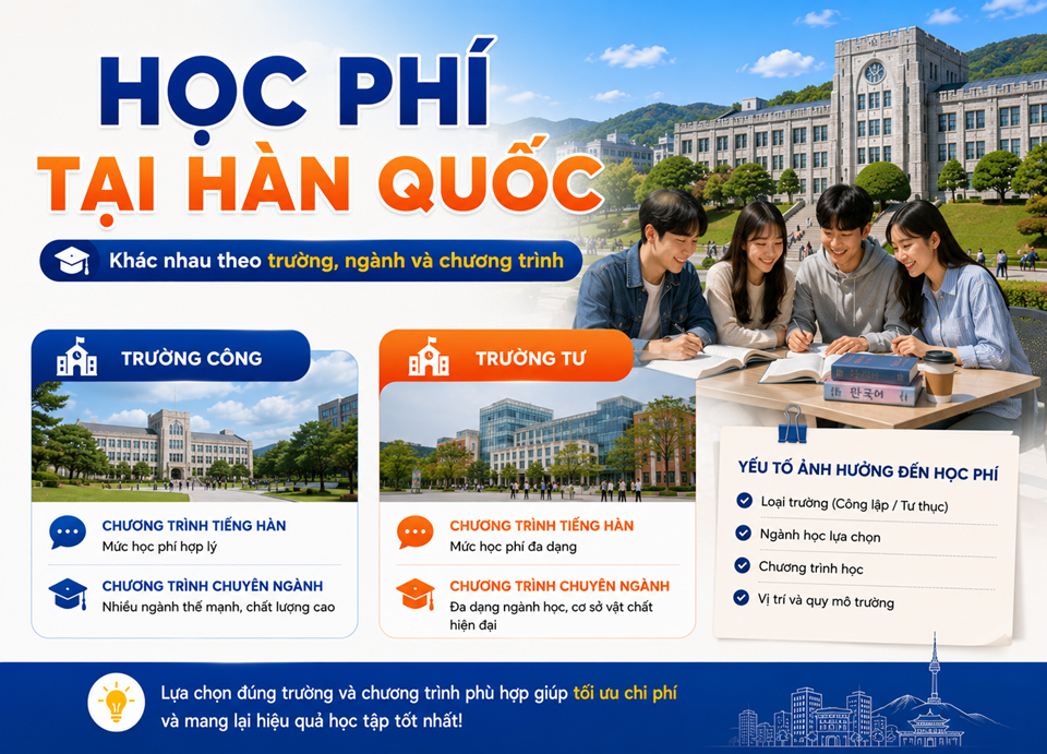 Học phí chương trình tiếng Hàn và chương trình chuyên ngành tại các trường đại học Hàn Quốc.
