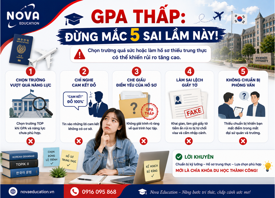 Banner cảnh báo những sai lầm thường gặp khi học sinh có GPA thấp chuẩn bị hồ sơ du học Hàn Quốc.