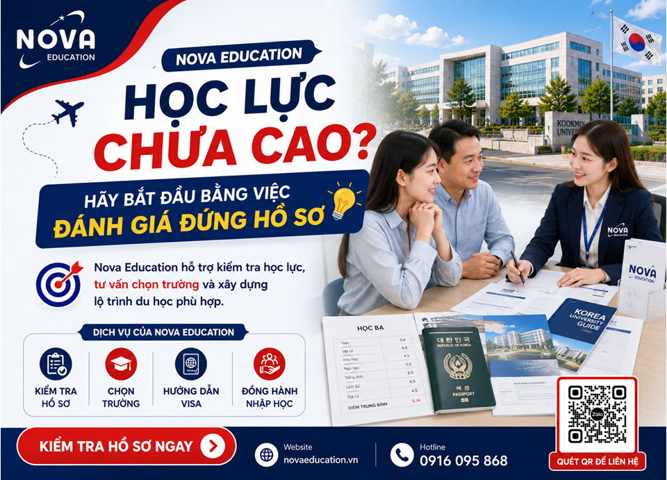 Banner Nova Education tư vấn du học Hàn Quốc cho học sinh học lực yếu, GPA thấp hoặc chưa xác định được trường phù hợp.