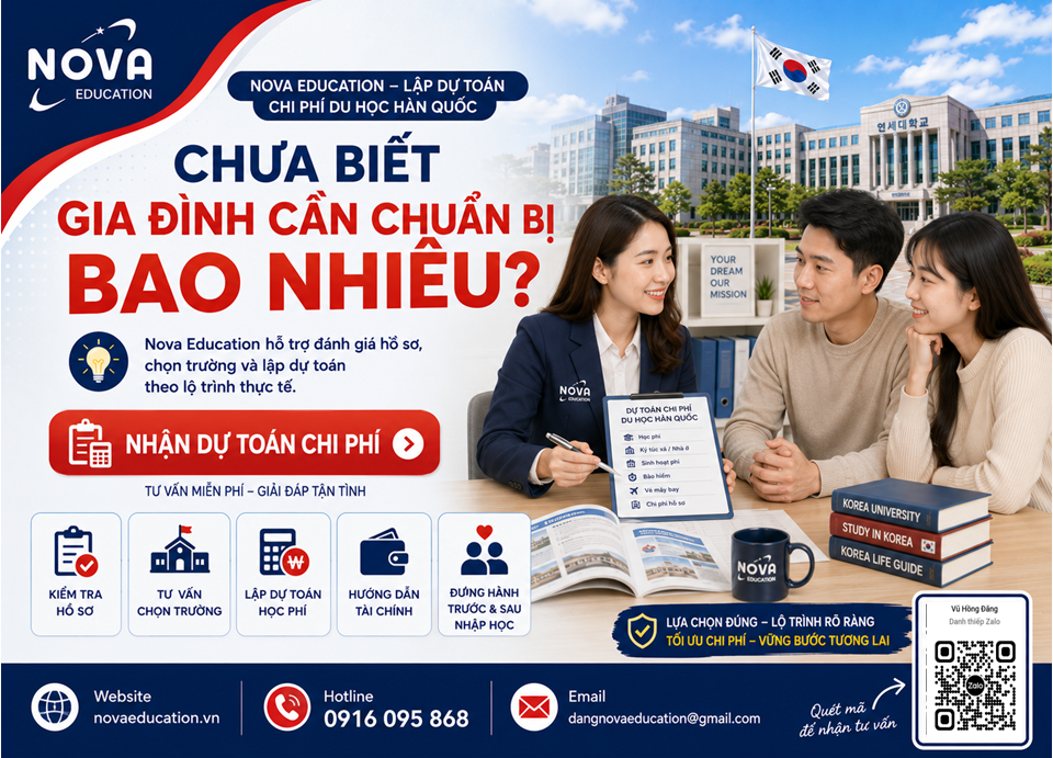 Banner Nova Education tư vấn chi phí du học Hàn Quốc, học phí, tài chính, chọn trường và xây dựng ngân sách phù hợp.